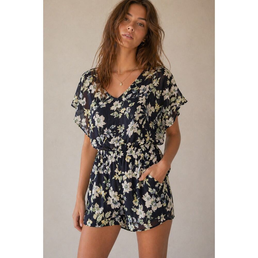 Lucca Couture Womens Floral Print Navy Butterfly Flutter Sleeve Romper Size XS